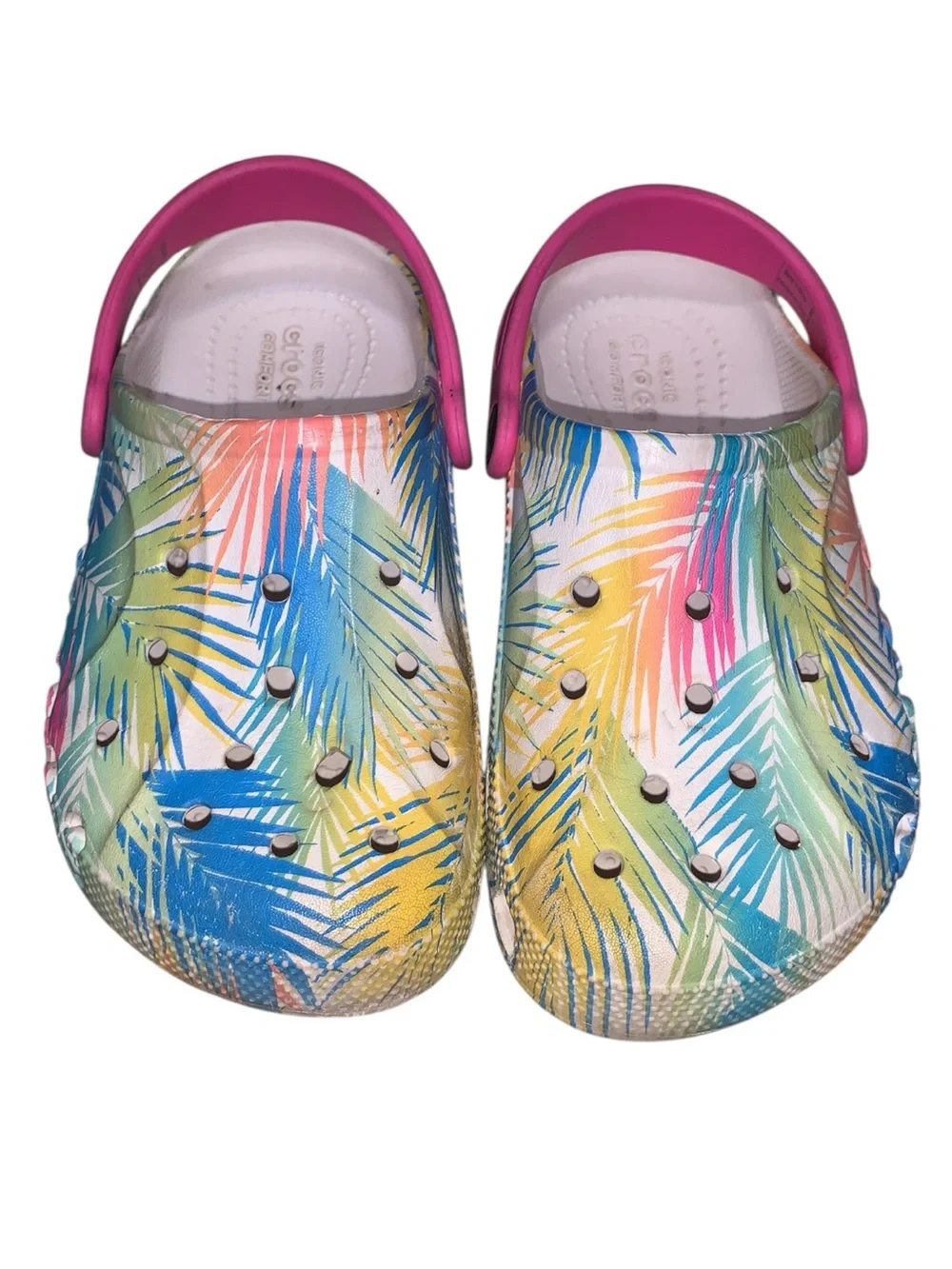 CROCS Kids Tropical Palm Print Clog Pink, Blue, Yellow Girls Size J2